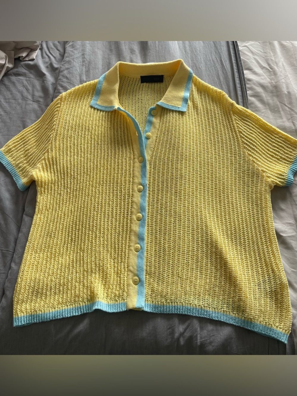 Zara Yellow Knit Polo Cardigan with Light Blue Trim